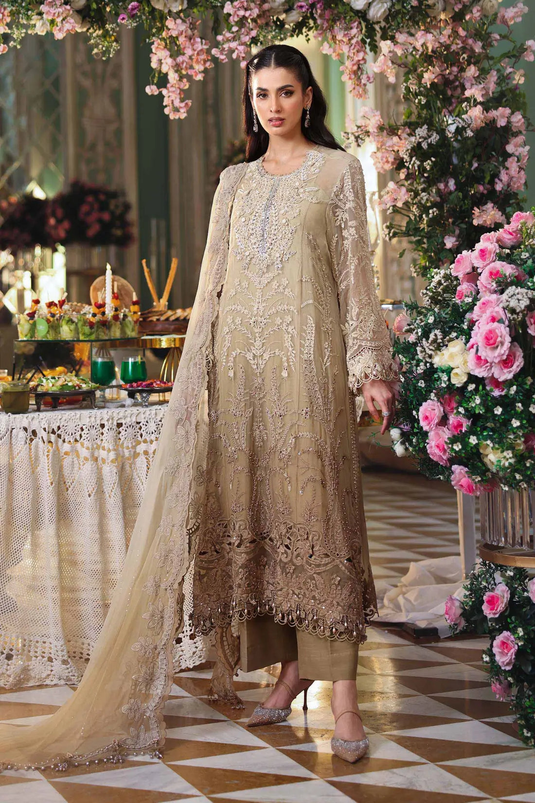 Maria B coffee embroidered chiffon stitched suit with dupatta for wedding and formal wear