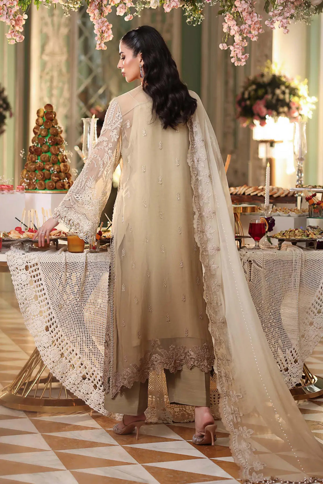 Maria B coffee embroidered chiffon stitched suit with dupatta for wedding and formal wear
