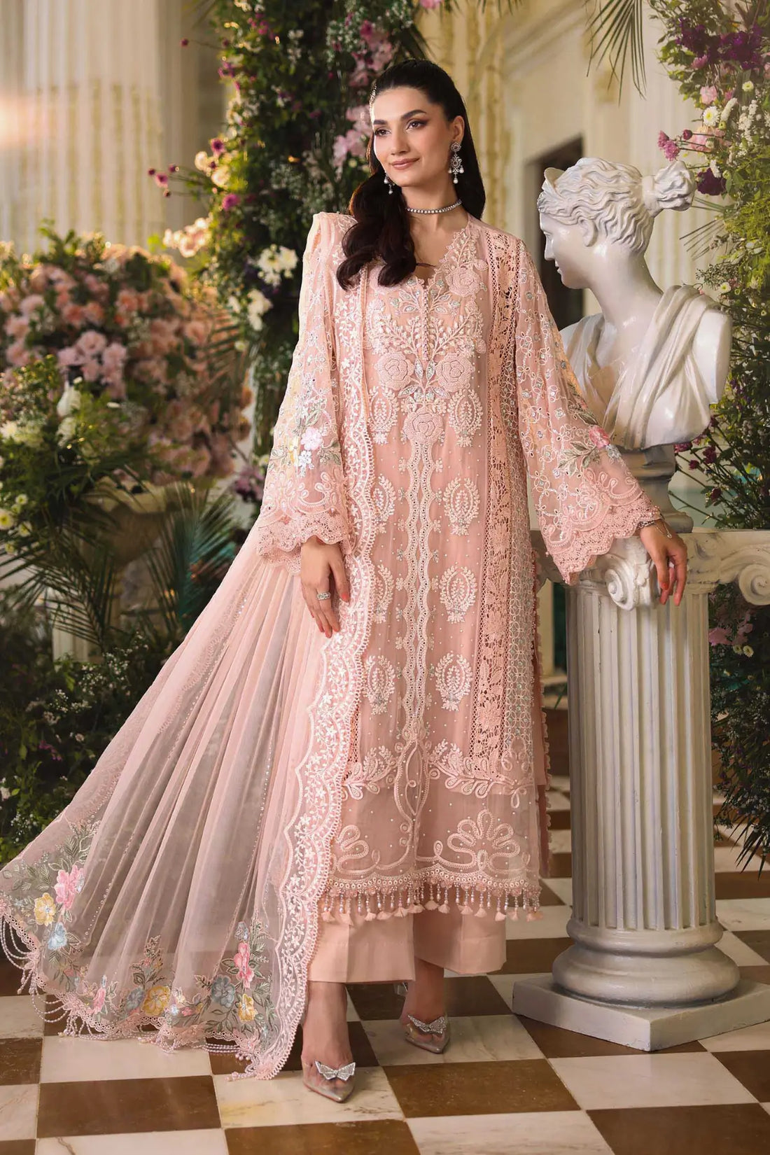 Maria B peach pink embroidered chiffon stitched suit with dupatta