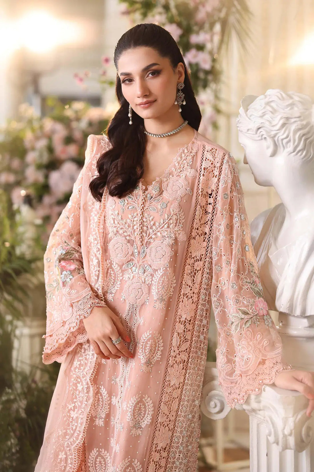 Maria B peach pink embroidered chiffon stitched suit with dupatta