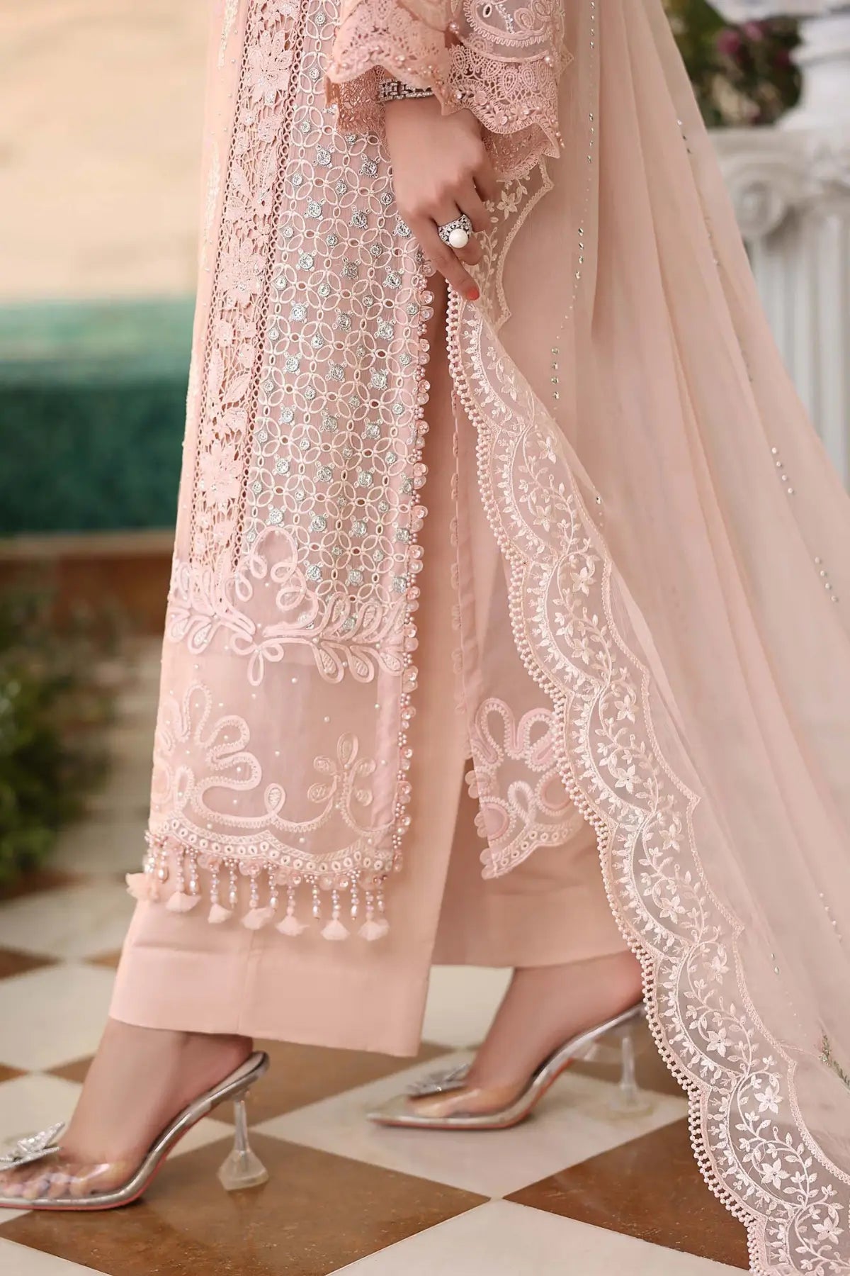 Maria B peach pink embroidered chiffon stitched suit with dupatta