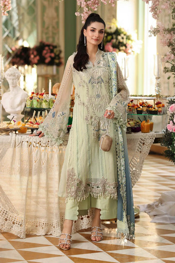 Maria B pistachio green embroidered chiffon stitched suit with printed dupatta