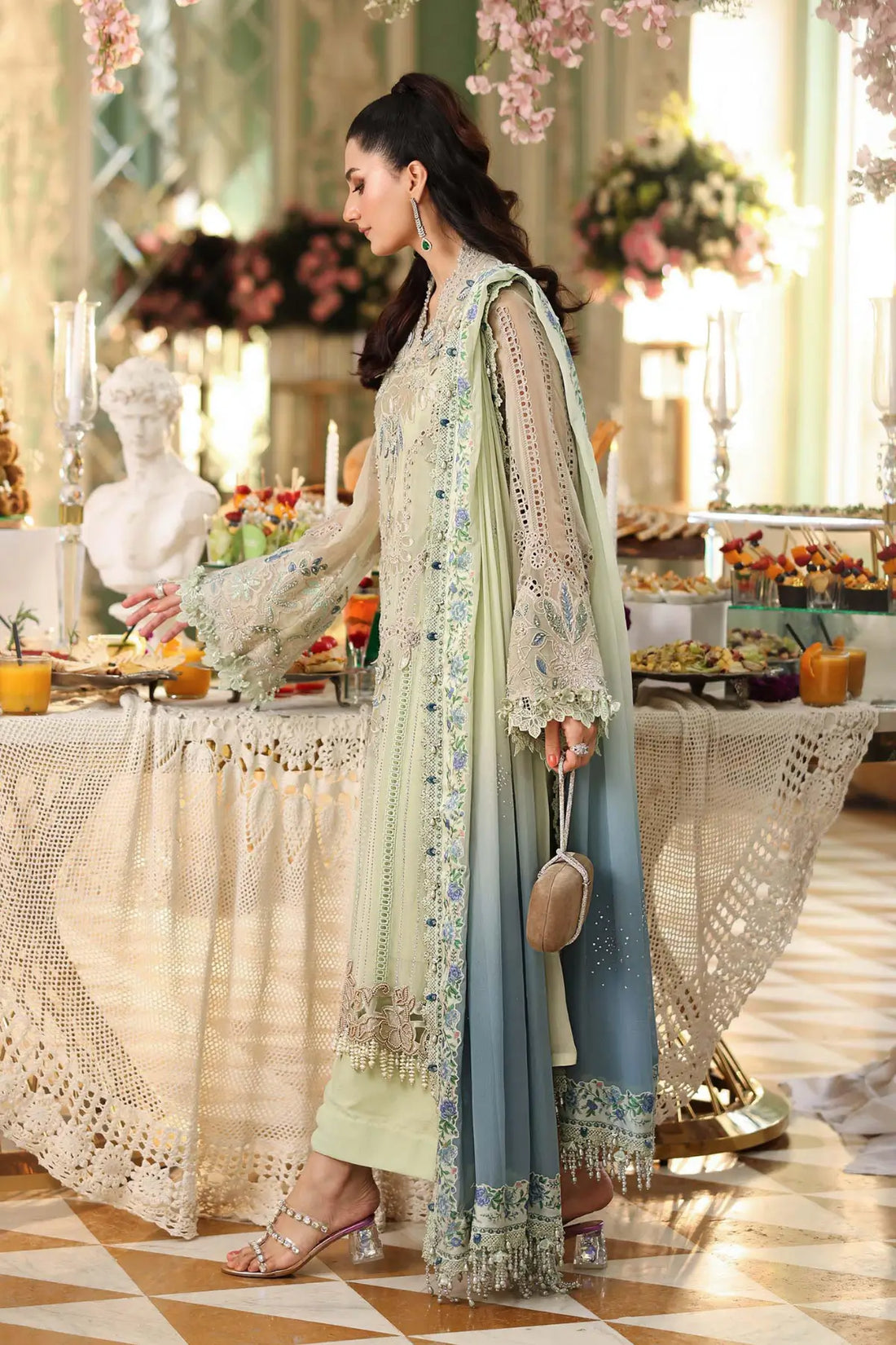 Maria B pistachio green embroidered chiffon stitched suit with printed dupatta