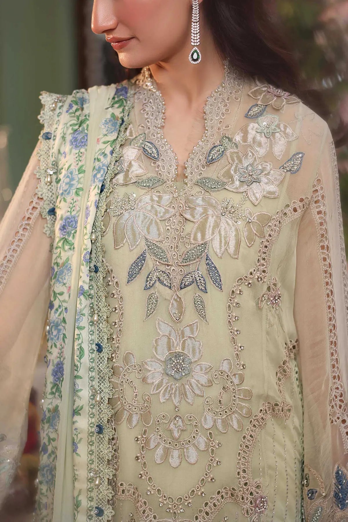 Maria B pistachio green embroidered chiffon stitched suit with printed dupatta