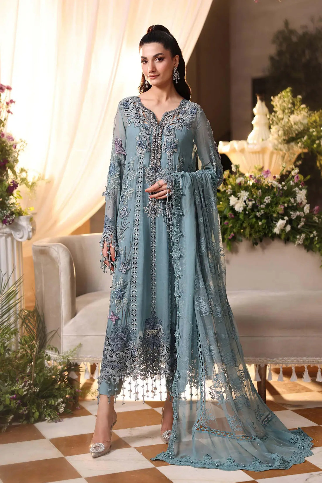 Maria B aqua embroidered chiffon stitched suit with Chantilly dupatta 