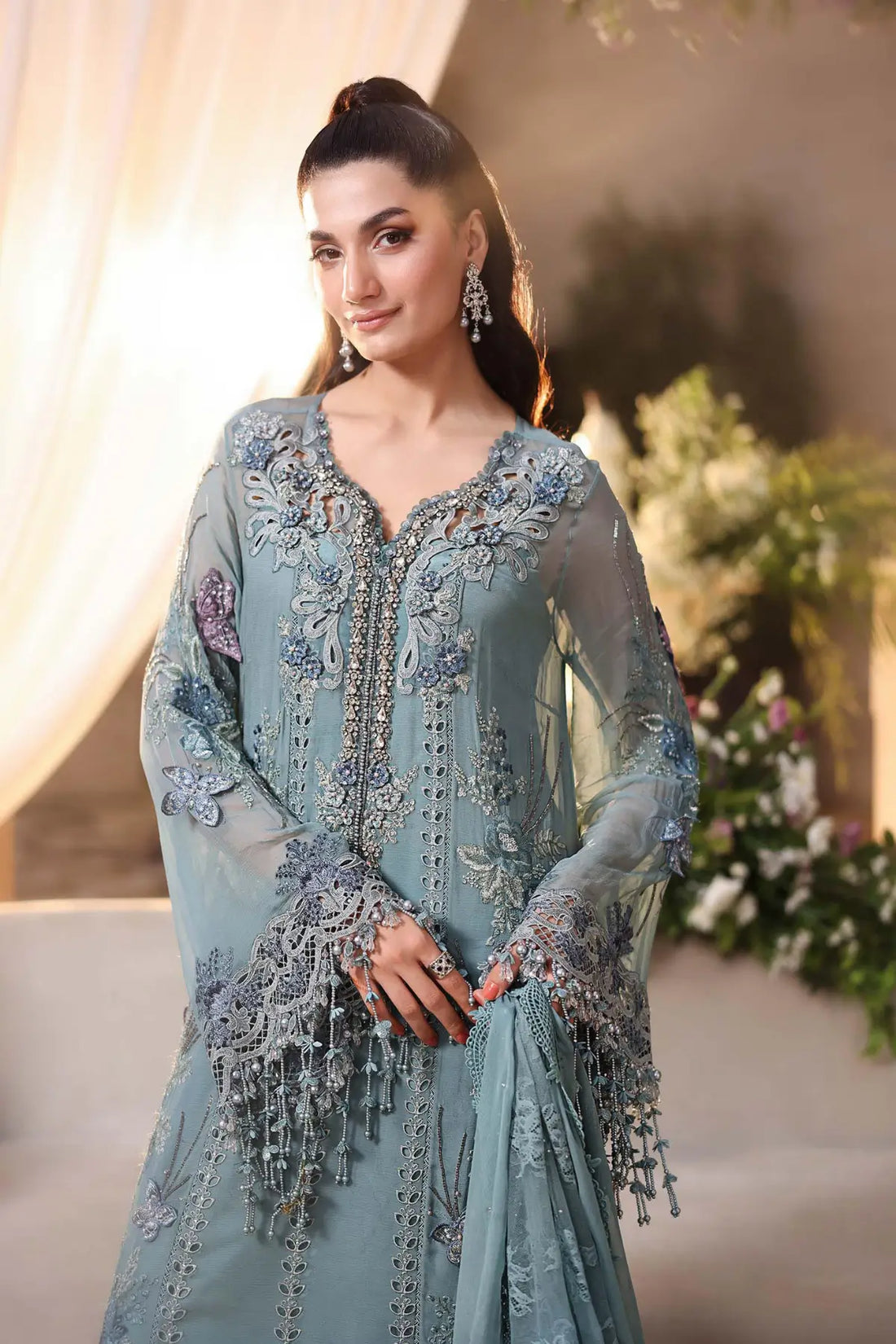 Maria B aqua embroidered chiffon stitched suit with Chantilly dupatta 