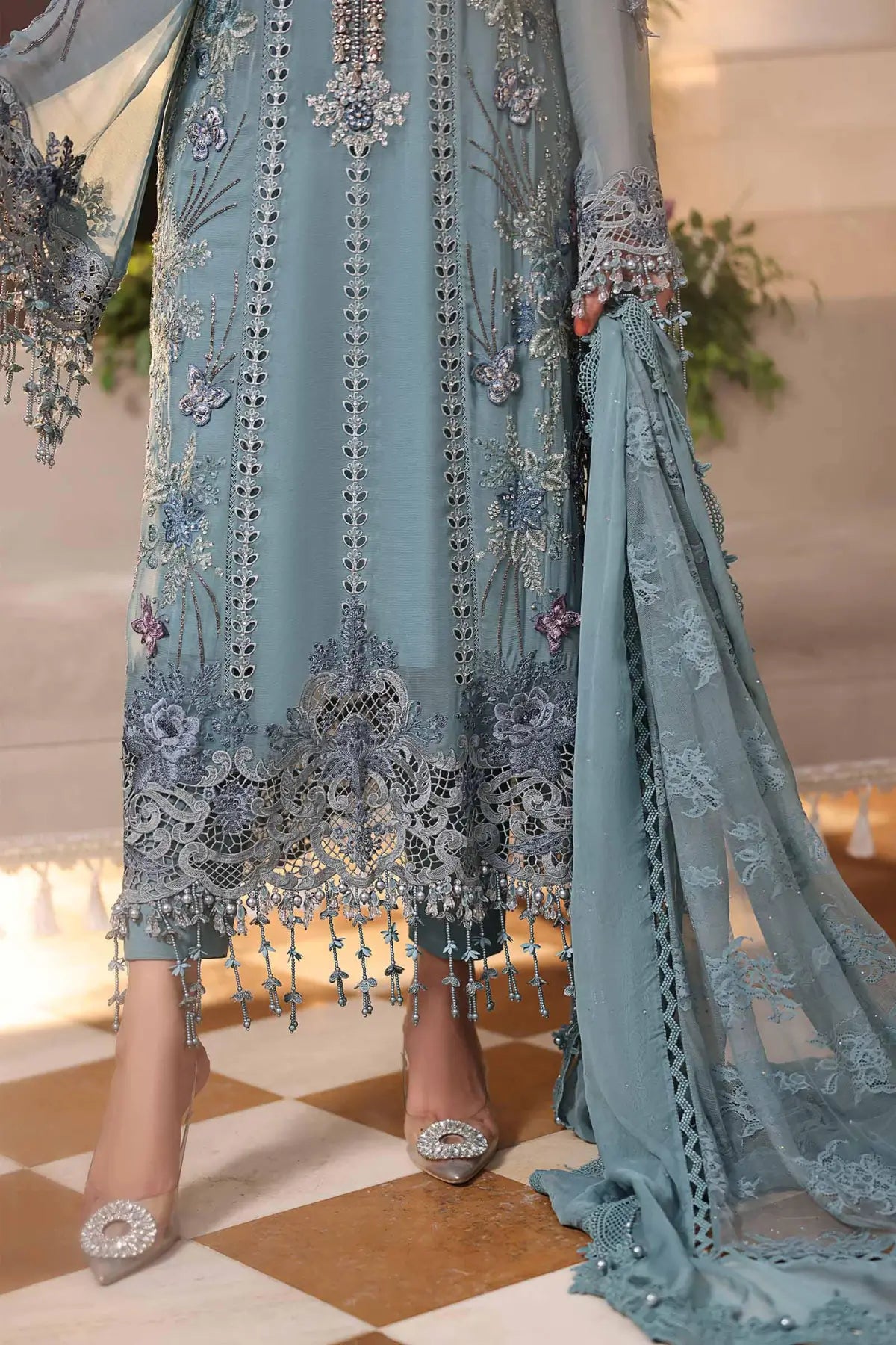 Maria B aqua embroidered chiffon stitched suit with Chantilly dupatta 