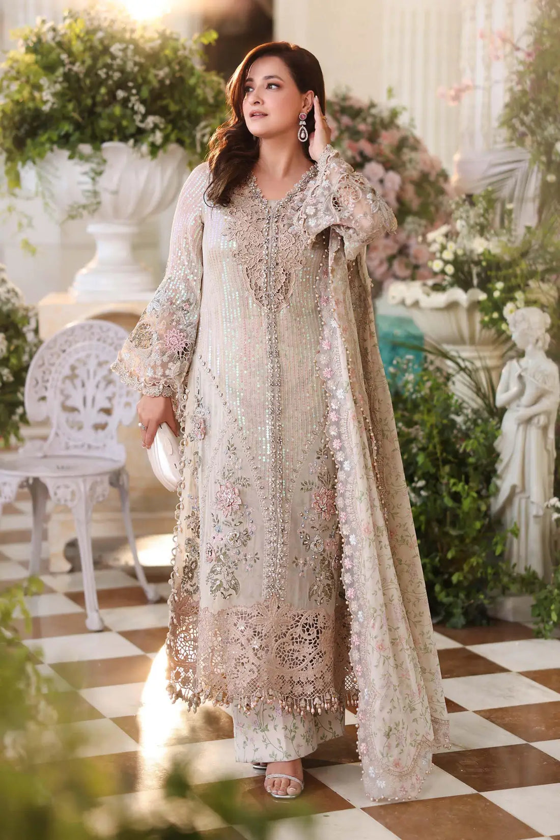 Maria B ivory embroidered chiffon stitched suit with silk dupatta for wedding and formal wear