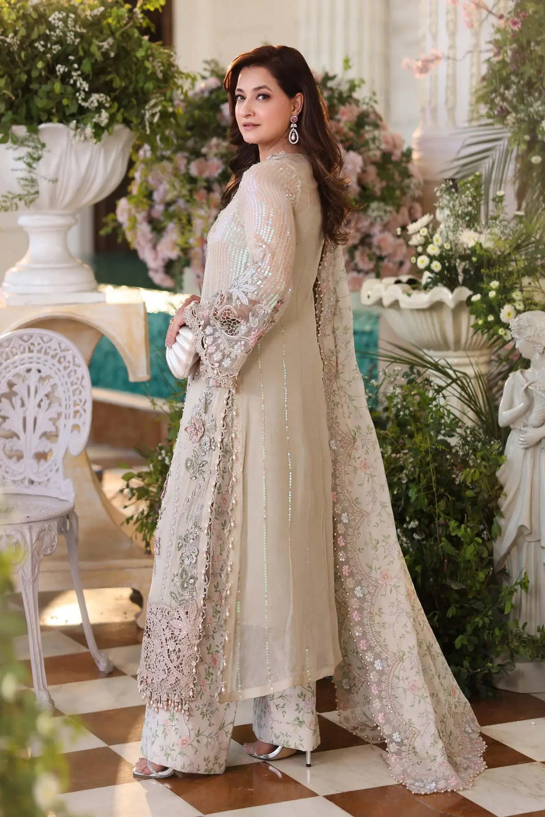 Maria B ivory embroidered chiffon stitched suit with silk dupatta for wedding and formal wear