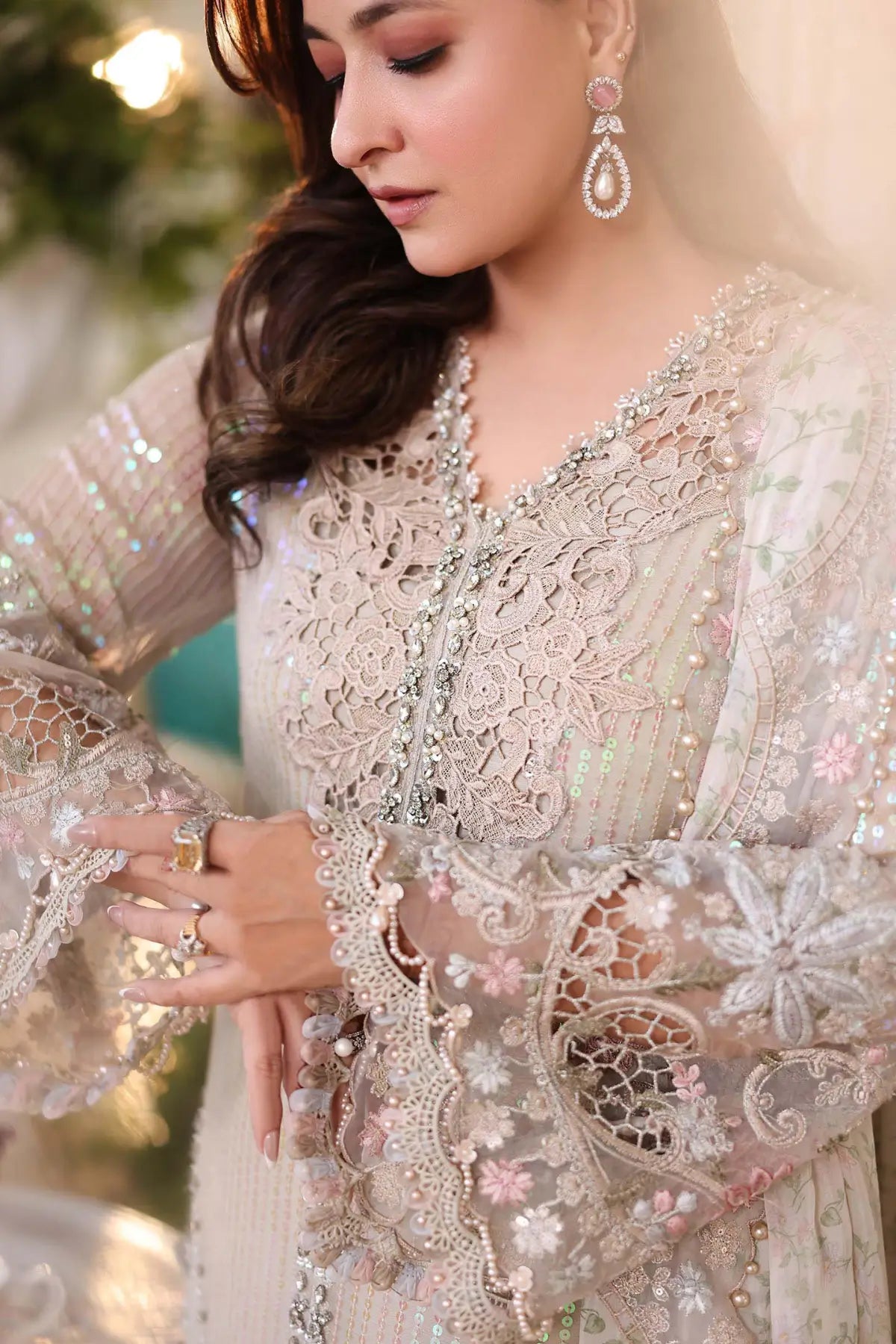 Maria B ivory embroidered chiffon stitched suit with silk dupatta for wedding and formal wear