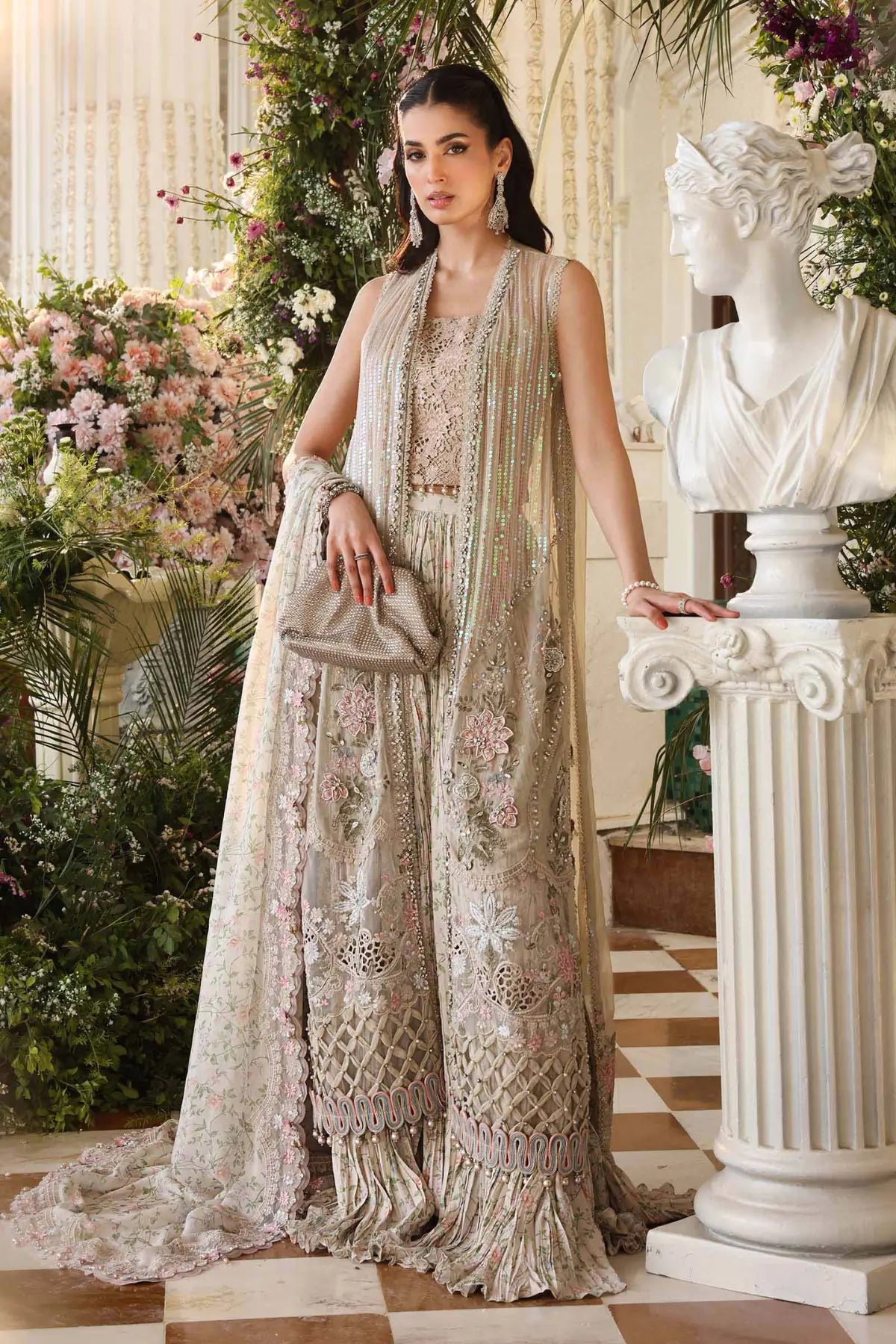 Maria B ivory embroidered chiffon stitched suit with silk dupatta for wedding and formal wear