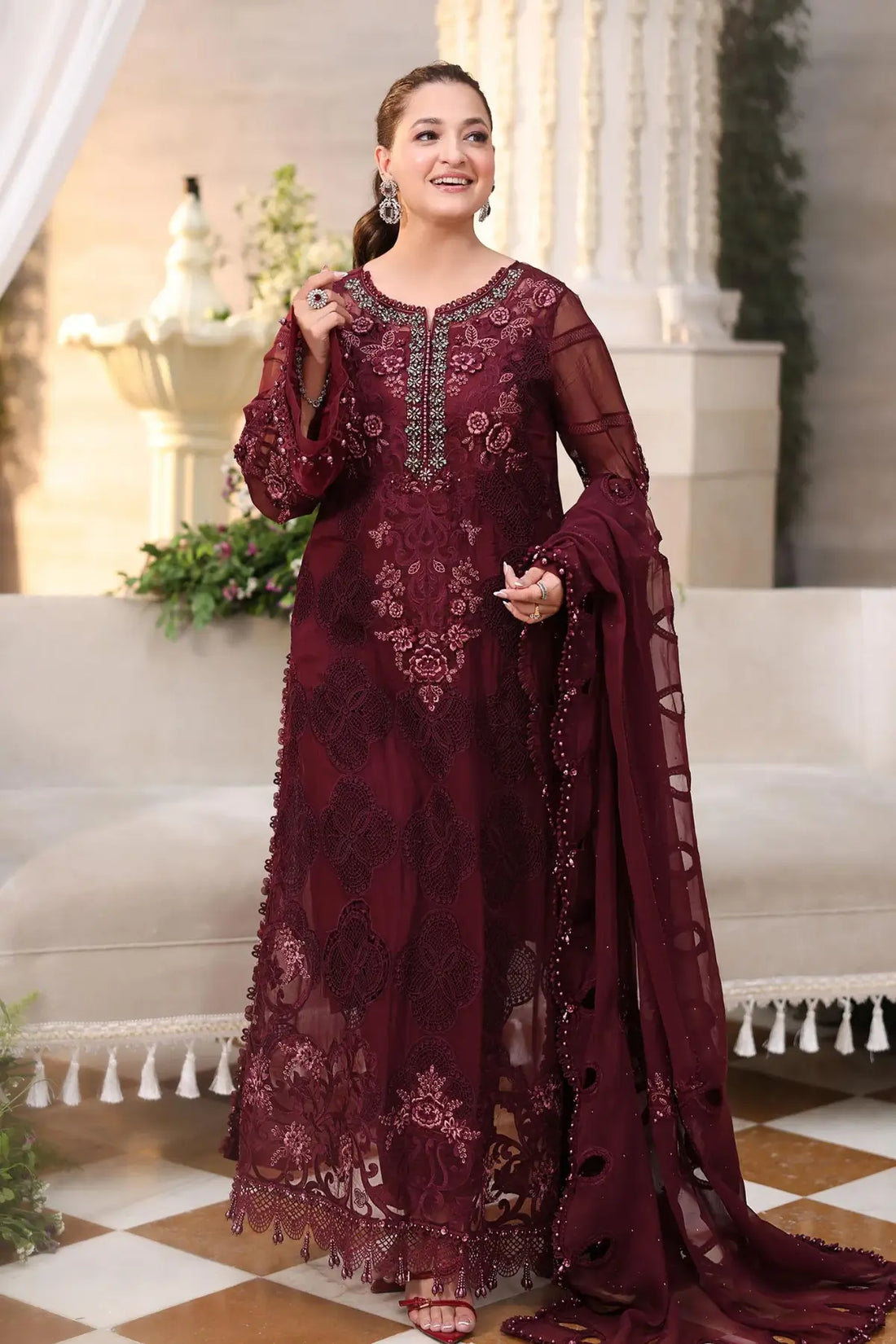 Maria B maroon embroidered chiffon stitched 3 piece suit with organza dupatta