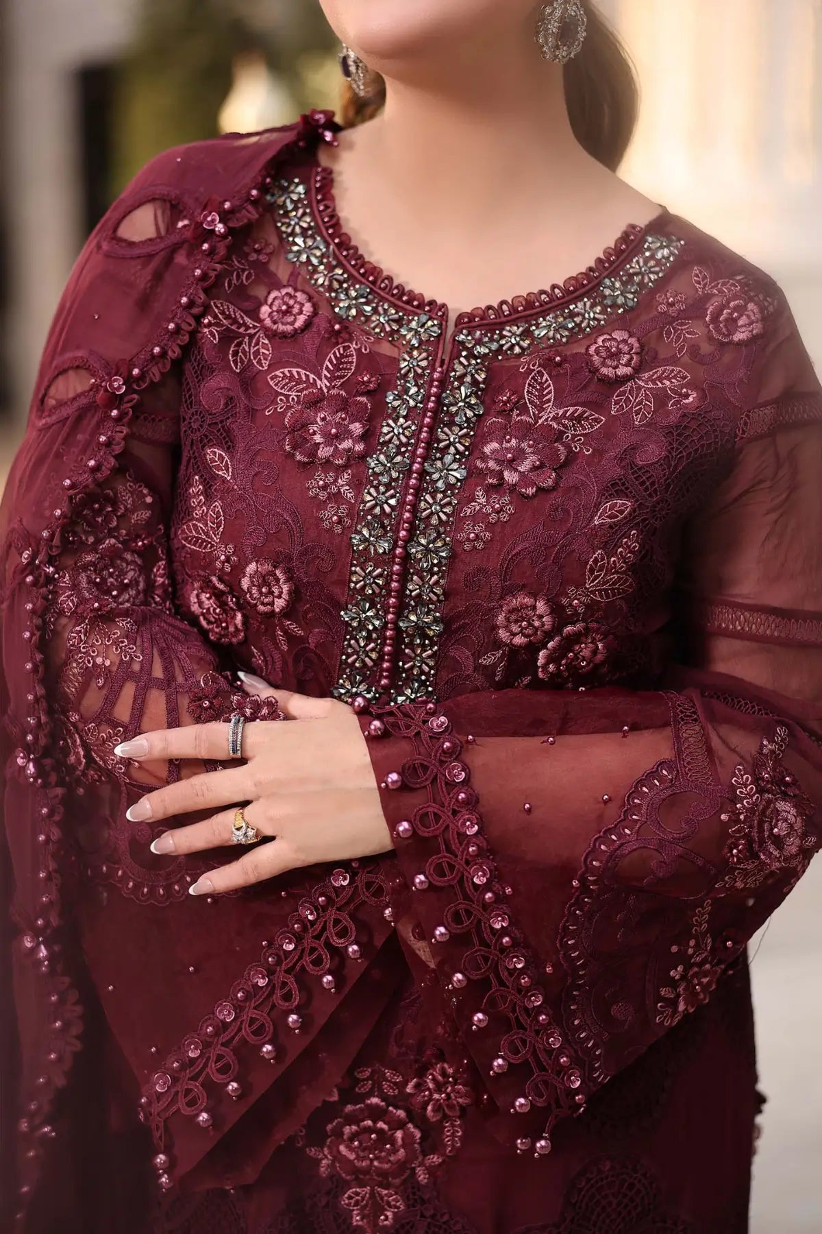 Maria B maroon embroidered chiffon stitched 3 piece suit with organza dupatta