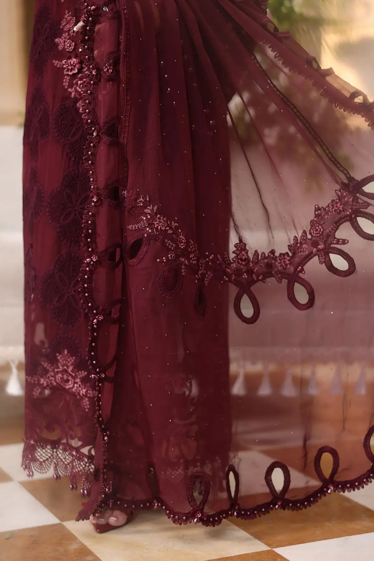 Maria B maroon embroidered chiffon stitched 3 piece suit with organza dupatta