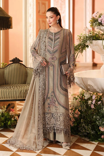 MPC-26-201 Maria B Chiffon Collection 2026 mouse grey embroidered chiffon stitched 3PC suit with 3D floral handwork, raw silk trouser and chiffon dupatta