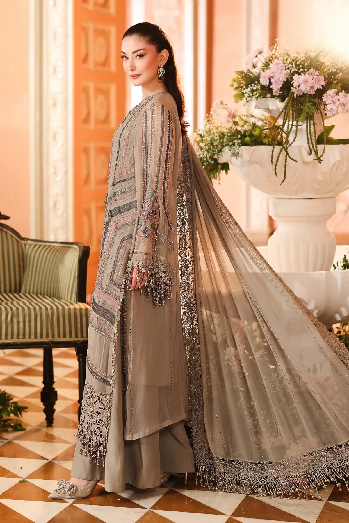 MPC-26-201 Maria B Chiffon Collection 2026 mouse grey embroidered chiffon stitched 3PC suit with 3D floral handwork, raw silk trouser and chiffon dupatta