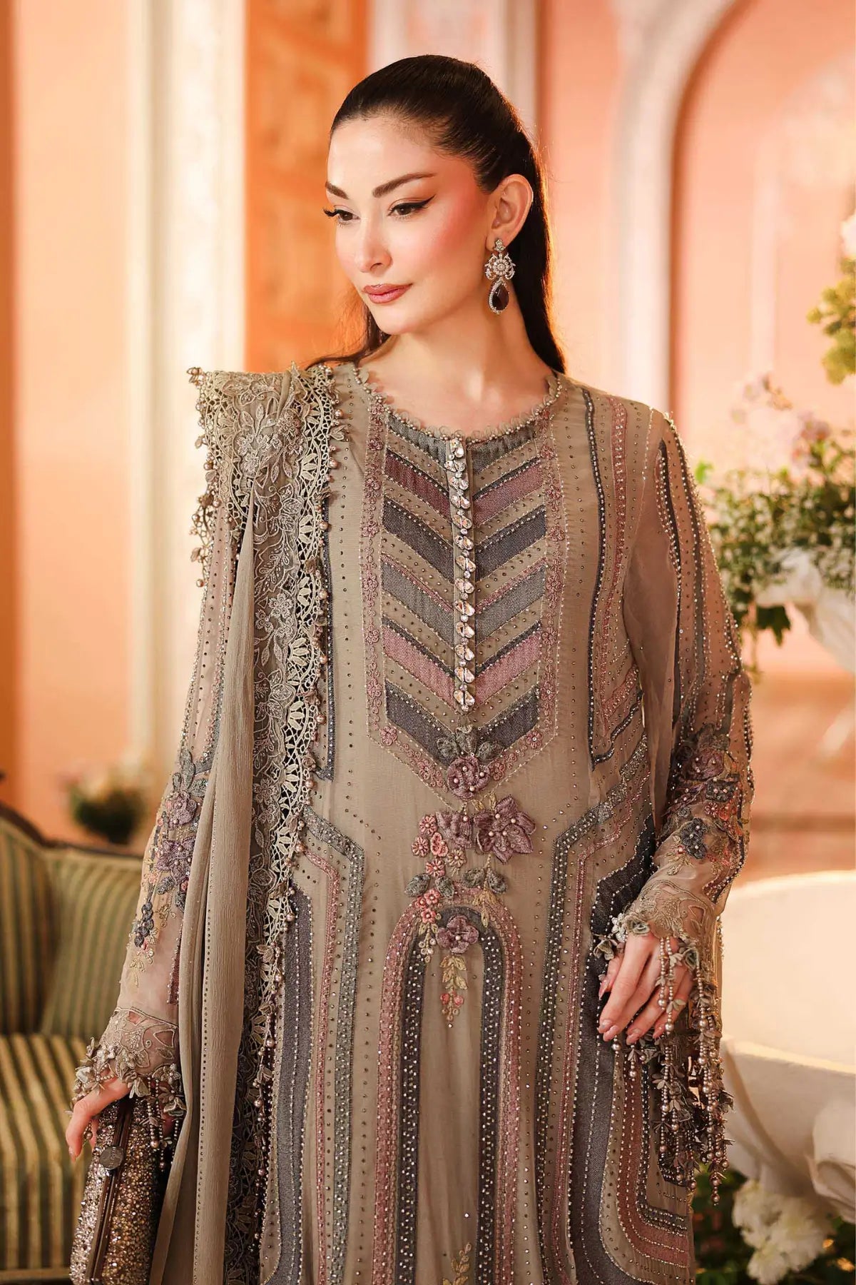 MPC-26-201 Maria B Chiffon Collection 2026 mouse grey embroidered chiffon stitched 3PC suit with 3D floral handwork, raw silk trouser and chiffon dupatta