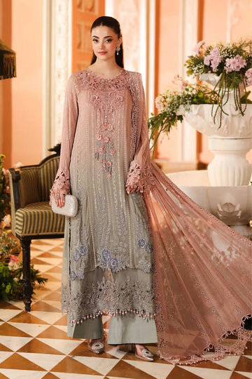MPC-26-202 Maria B Chiffon Collection 2026 pink and grey embroidered chiffon stitched 3PC suit with 3D hand embellishments and chiffon dupatta