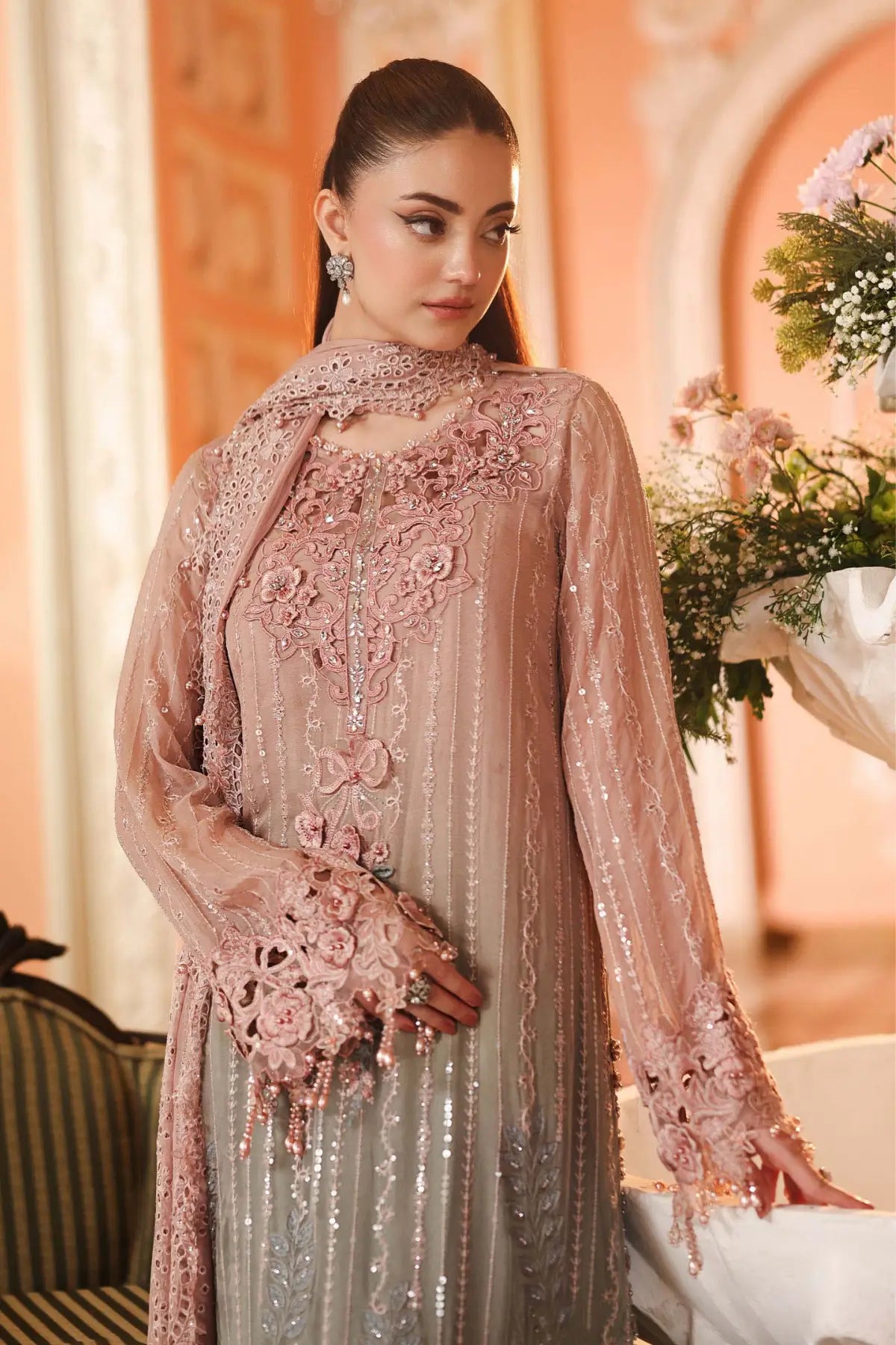MPC-26-202 Maria B Chiffon Collection 2026 pink and grey embroidered chiffon stitched 3PC suit with 3D hand embellishments and chiffon dupatta