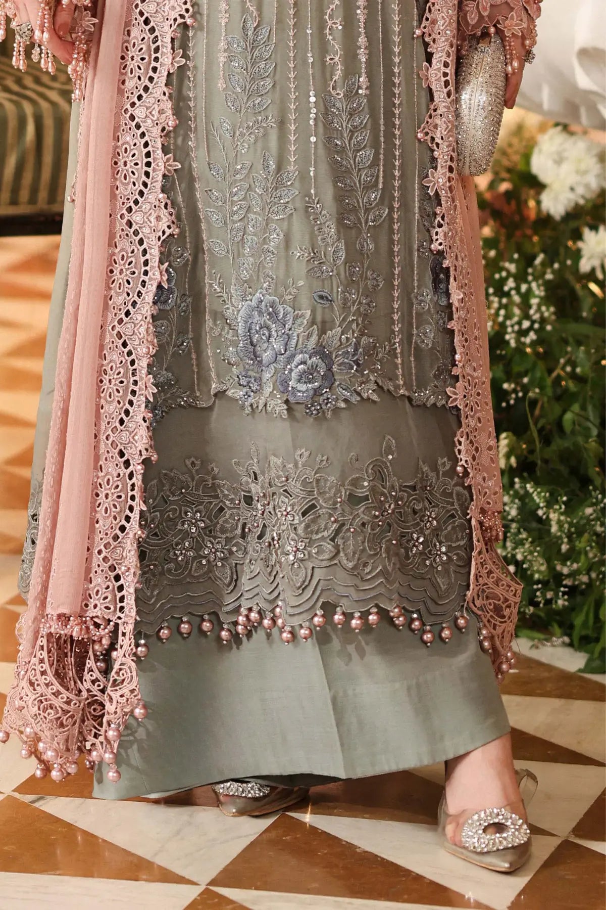 MPC-26-202 Maria B Chiffon Collection 2026 pink and grey embroidered chiffon stitched 3PC suit with 3D hand embellishments and chiffon dupatta
