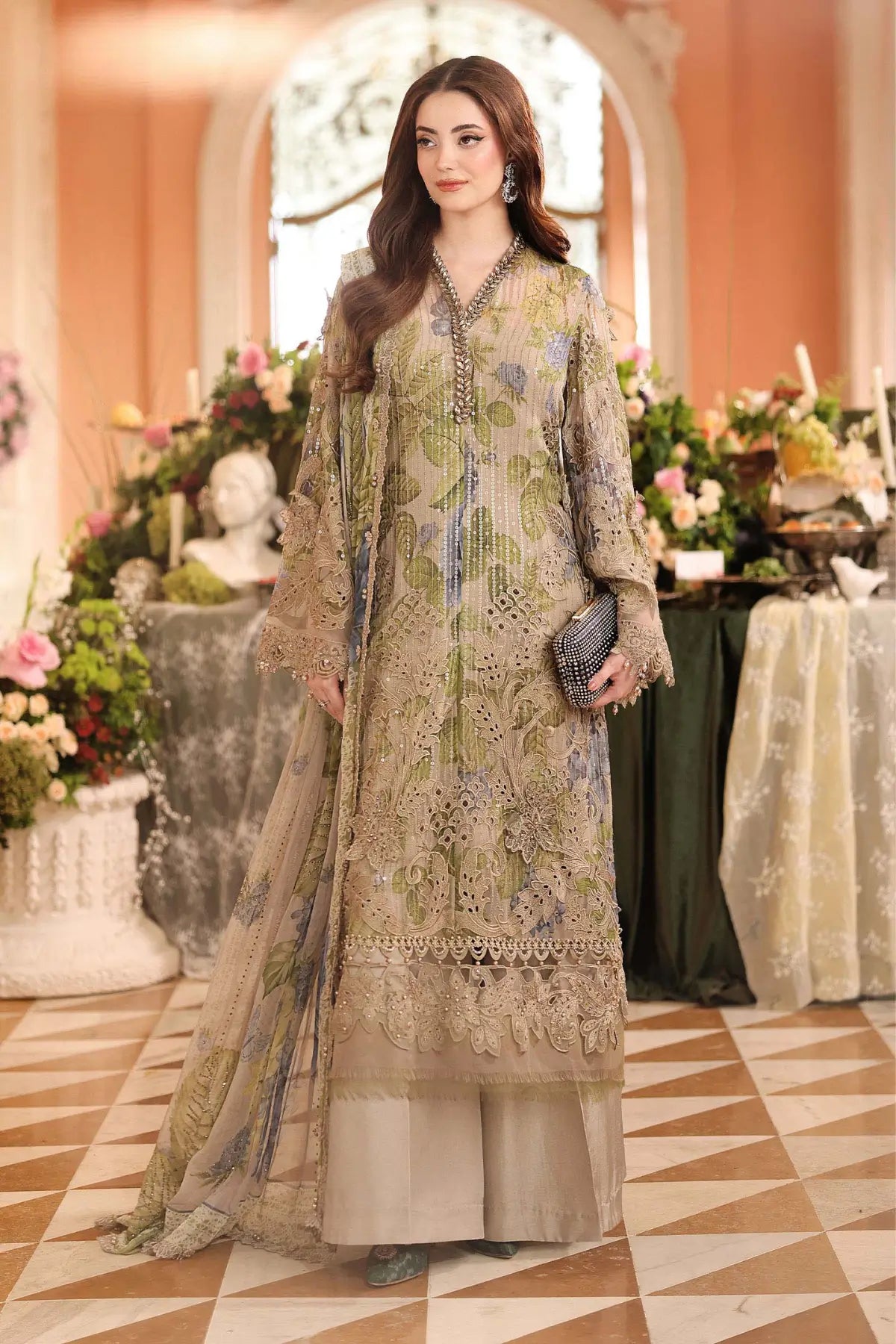MPC-26-203 Maria B Chiffon Collection 2026 coffee hand embellished printed chiffon stitched 3PC suit with 3D floral work, raw silk trouser and printed chiffon dupatta