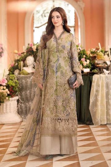 MPC-26-203 Maria B Chiffon Collection 2026 coffee hand embellished printed chiffon stitched 3PC suit with 3D floral work, raw silk trouser and printed chiffon dupatta