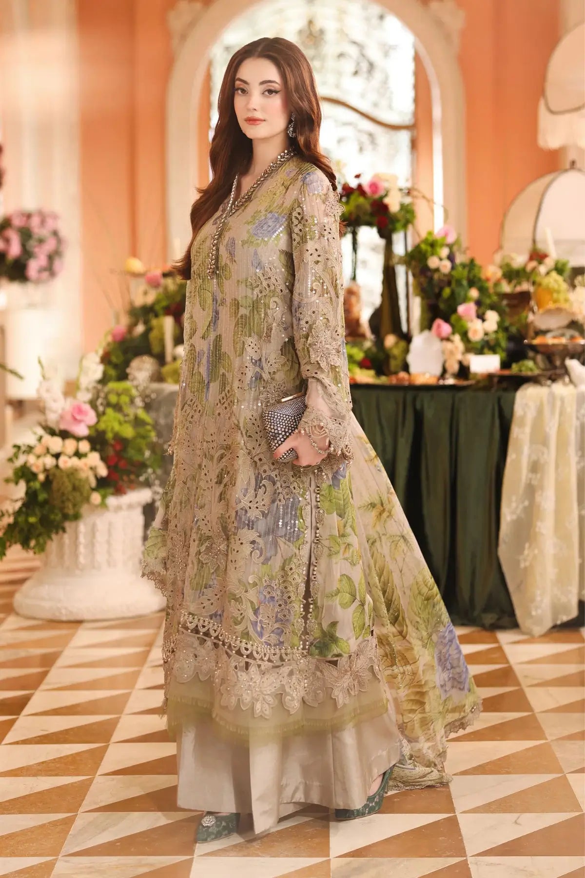 MPC-26-203 Maria B Chiffon Collection 2026 coffee hand embellished printed chiffon stitched 3PC suit with 3D floral work, raw silk trouser and printed chiffon dupatta