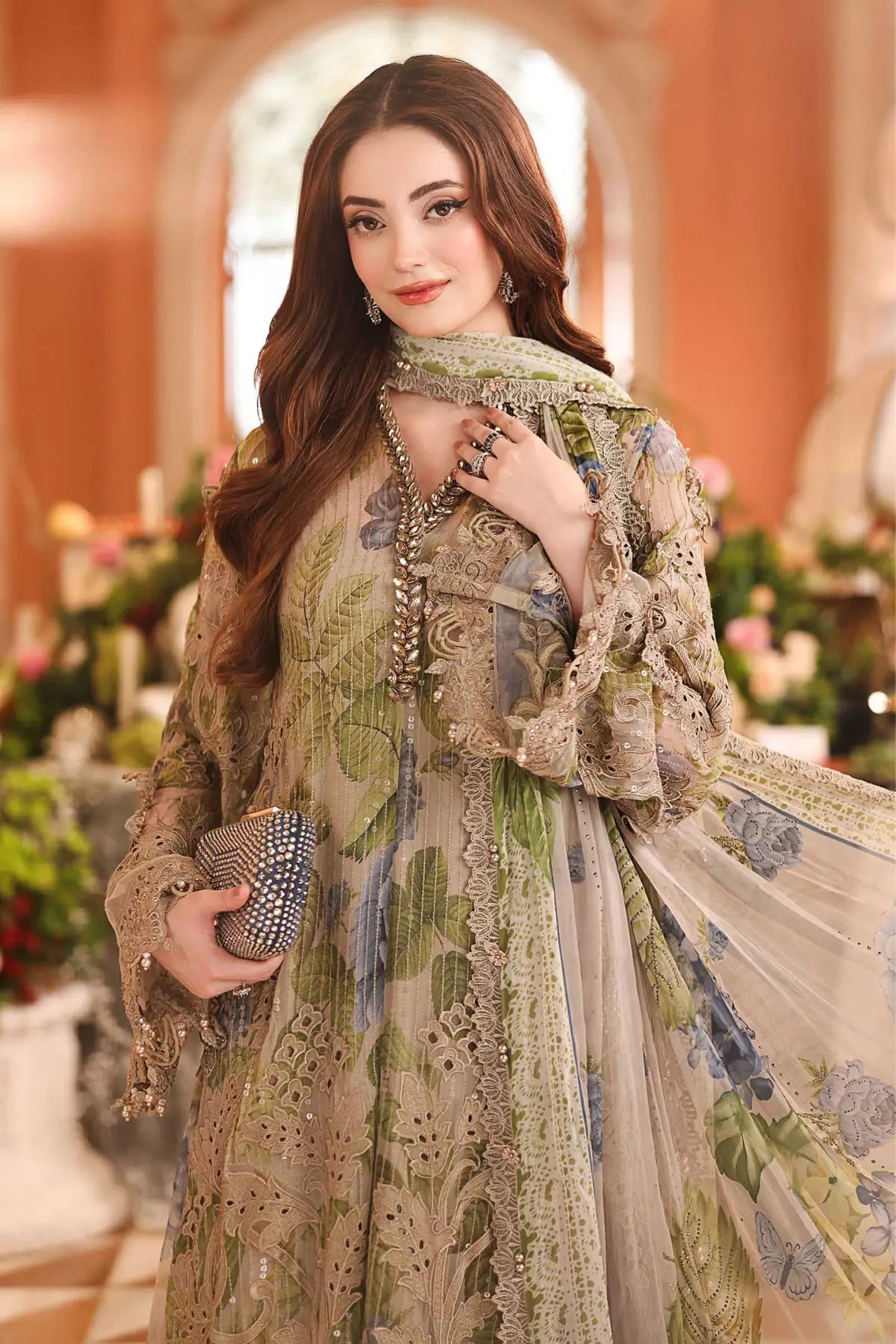MPC-26-203 Maria B Chiffon Collection 2026 coffee hand embellished printed chiffon stitched 3PC suit with 3D floral work, raw silk trouser and printed chiffon dupatta