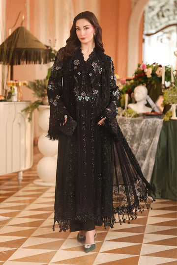 MPC-26-204 Maria B Chiffon Collection 2026 black hand embellished chiffon stitched 3PC suit with 3D floral details, raw silk trouser and chiffon dupatta