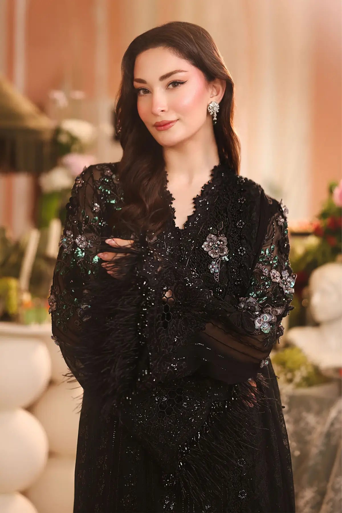 MPC-26-204 Maria B Chiffon Collection 2026 black hand embellished chiffon stitched 3PC suit with 3D floral details, raw silk trouser and chiffon dupatta