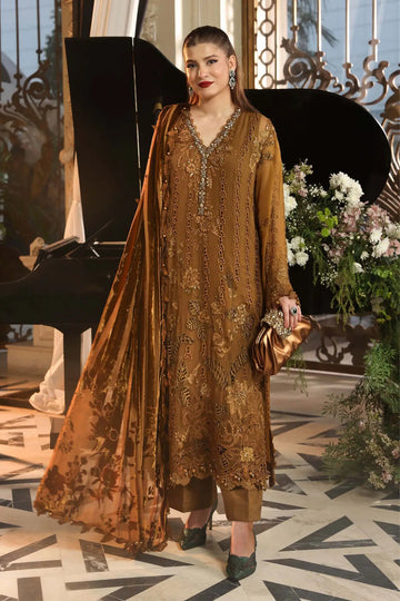 MPC-26-205 Maria B Chiffon Collection 2026 mustard hand embellished chiffon stitched 3PC suit with 3D floral work, cotton satin trouser and Palachi dupatta