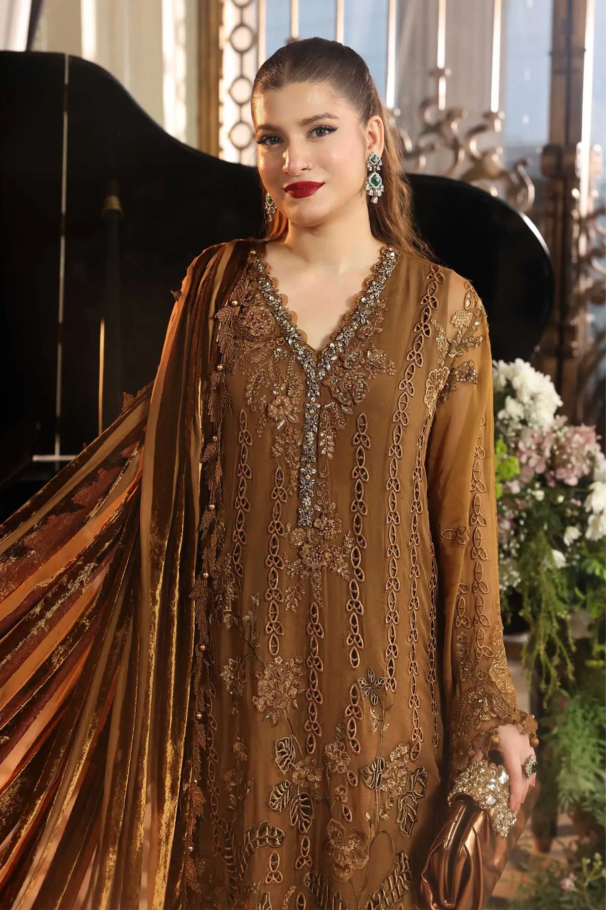 MPC-26-205 Maria B Chiffon Collection 2026 mustard hand embellished chiffon stitched 3PC suit with 3D floral work, cotton satin trouser and Palachi dupatta