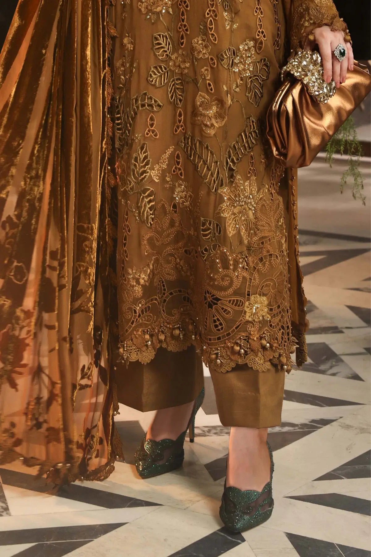 MPC-26-205 Maria B Chiffon Collection 2026 mustard hand embellished chiffon stitched 3PC suit with 3D floral work, cotton satin trouser and Palachi dupatta