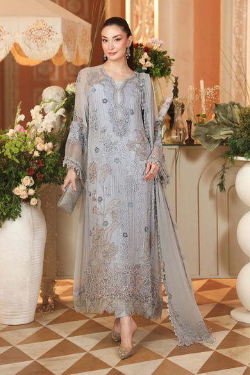 MPC-26-206 Maria B Chiffon Collection 2026 ice blue hand embellished chiffon stitched 3PC suit with 3D flowers, cotton satin trouser and embroidered dupatta