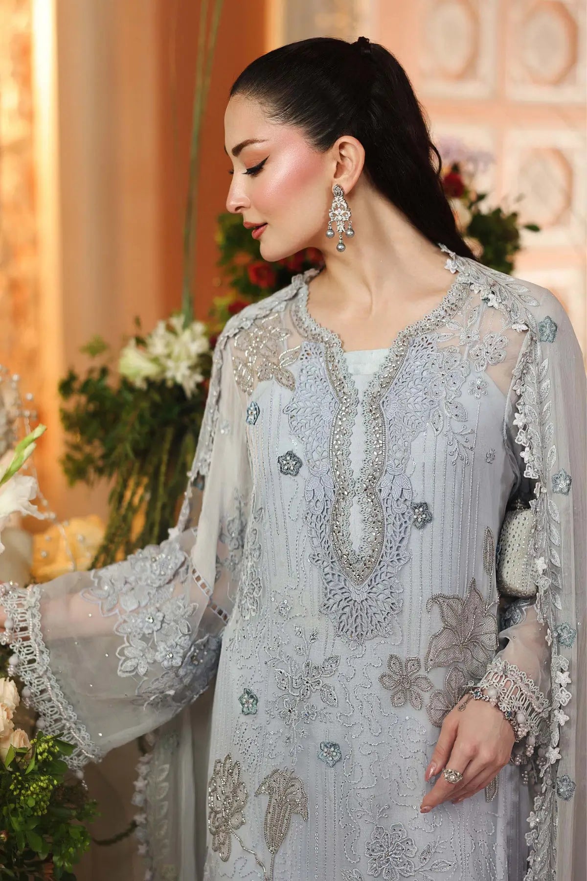MPC-26-206 Maria B Chiffon Collection 2026 ice blue hand embellished chiffon stitched 3PC suit with 3D flowers, cotton satin trouser and embroidered dupatta