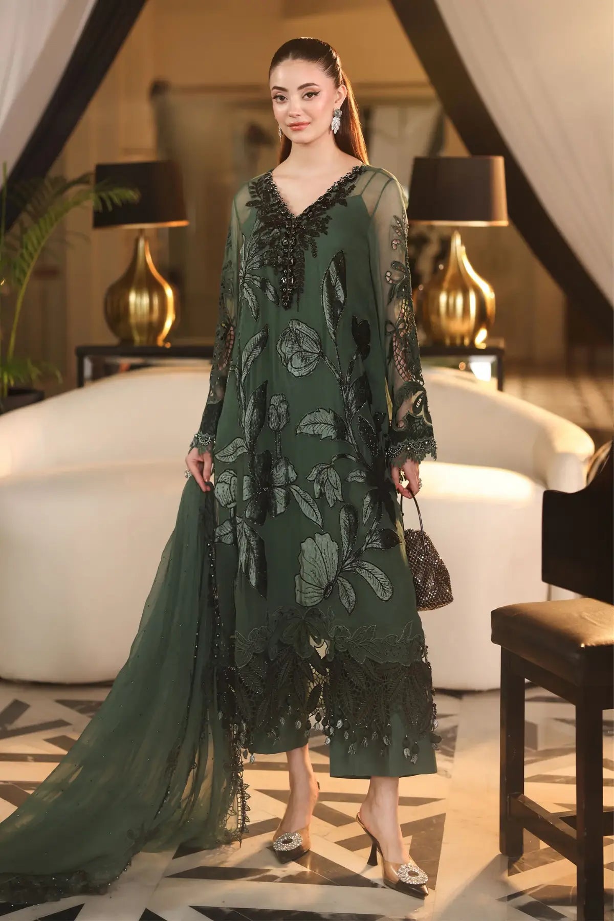 MPC-26-207 Maria B Chiffon Collection 2026 green floral embroidered chiffon stitched 3PC suit with velvet appliqué, matching trouser and dupatta
