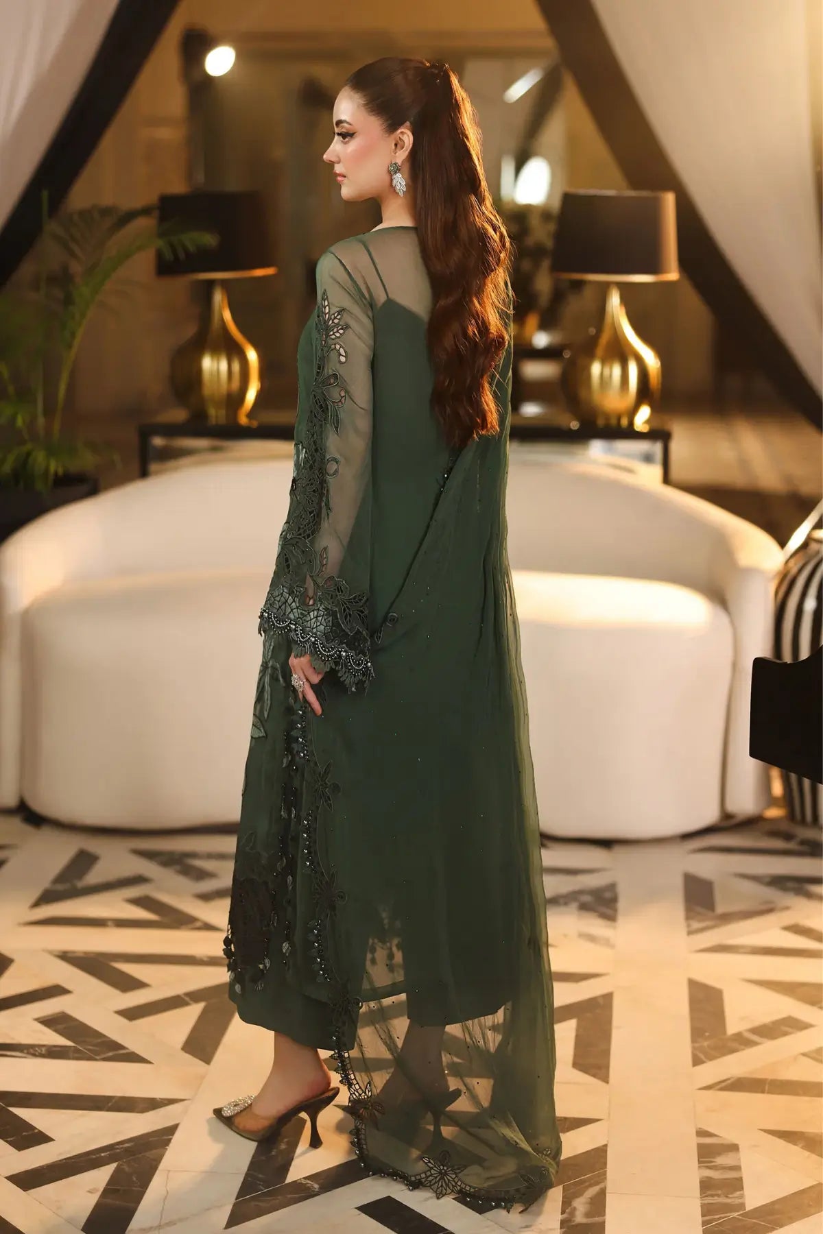 MPC-26-207 Maria B Chiffon Collection 2026 green floral embroidered chiffon stitched 3PC suit with velvet appliqué, matching trouser and dupatta