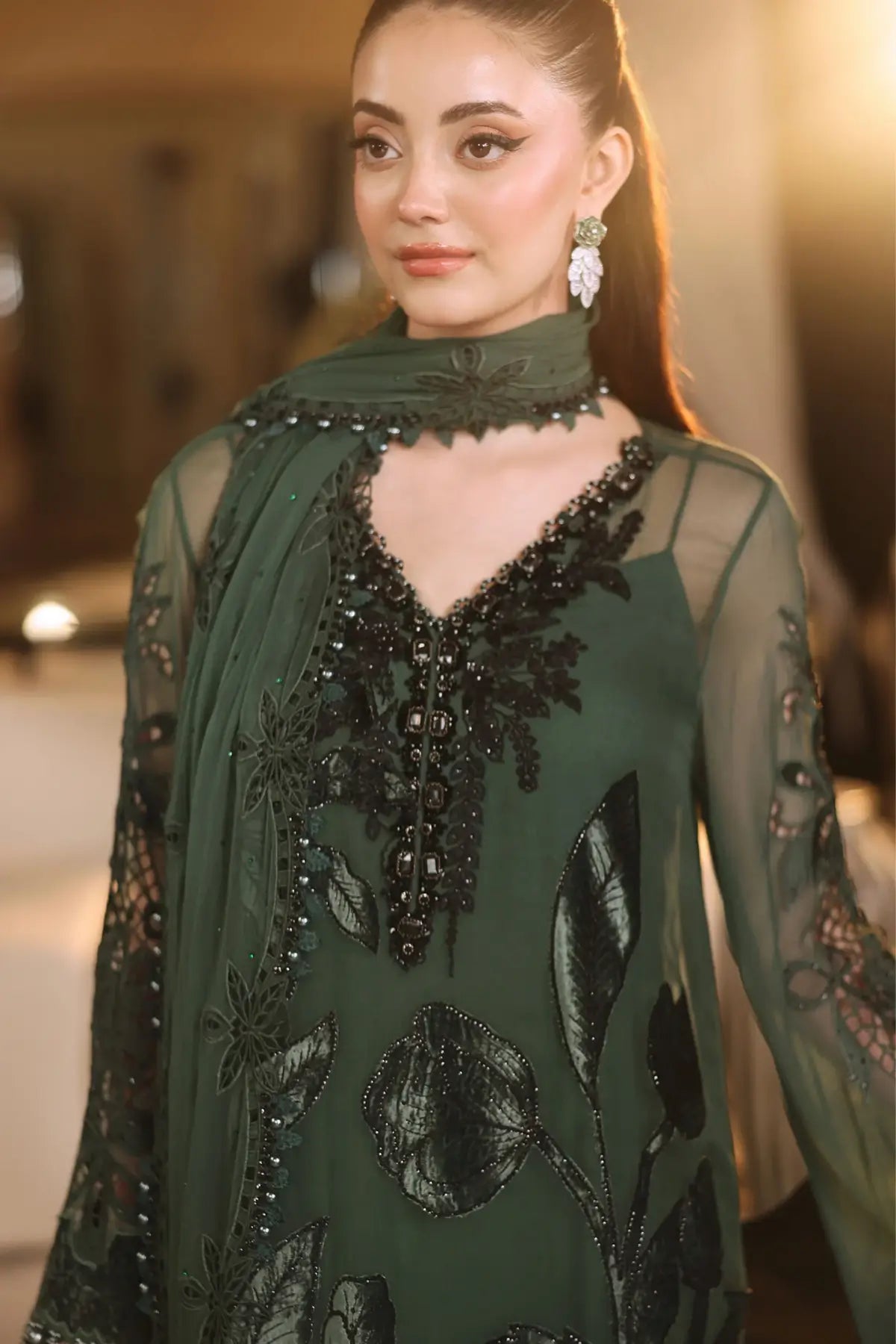 MPC-26-207 Maria B Chiffon Collection 2026 green floral embroidered chiffon stitched 3PC suit with velvet appliqué, matching trouser and dupatta