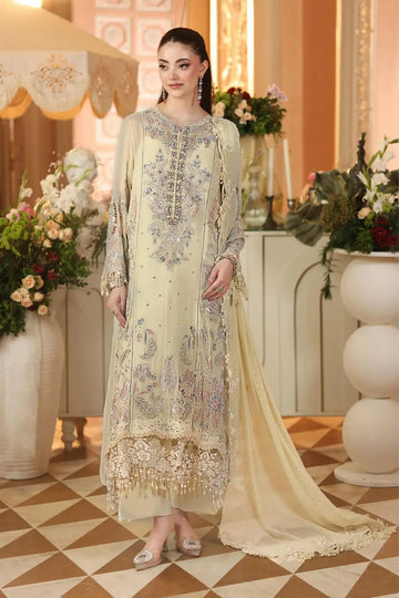 MPC-26-208 Maria B Chiffon Collection 2026 lime yellow embroidered chiffon stitched 3PC suit with tissue appliqué, raw silk trouser and chiffon dupatta