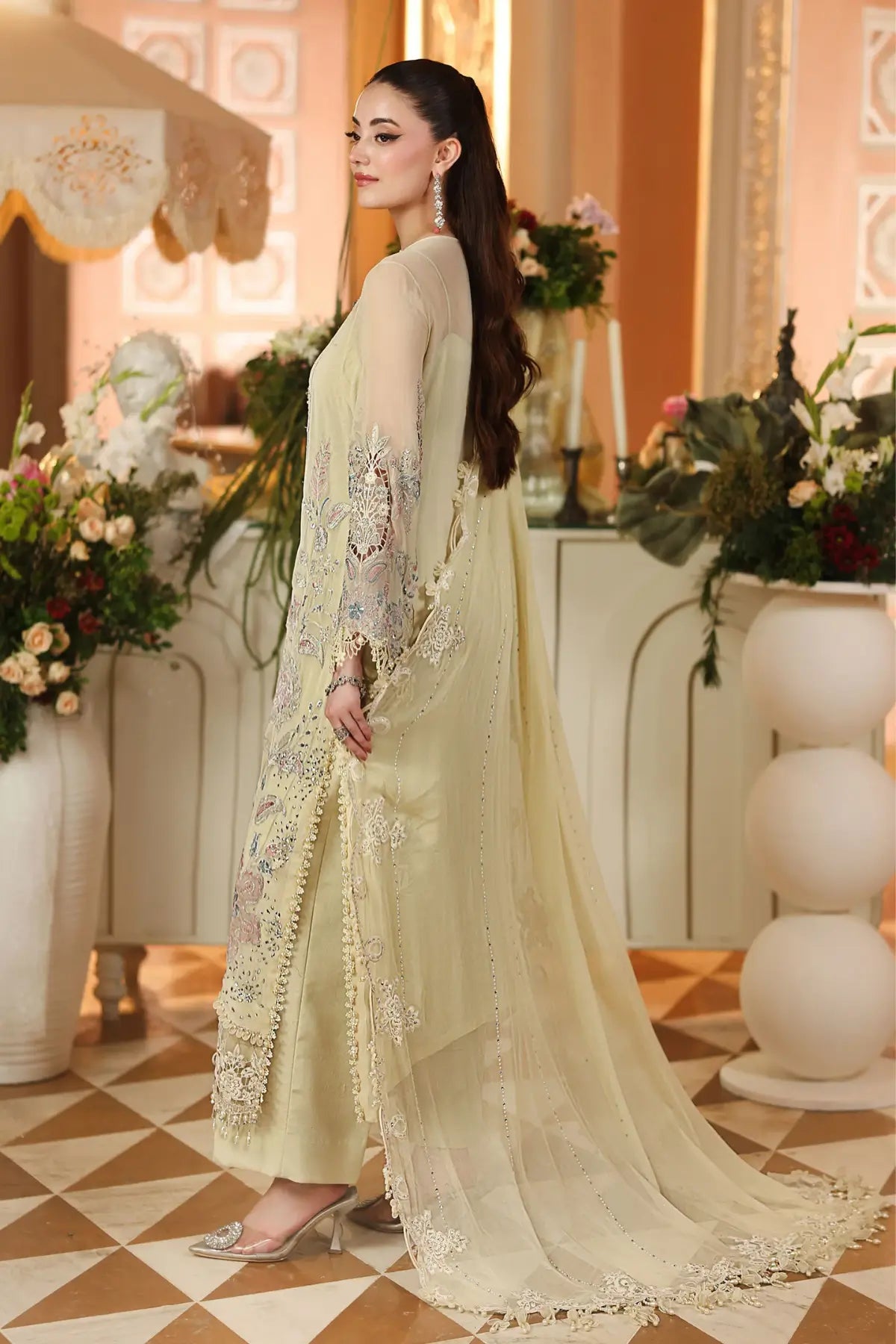 MPC-26-208 Maria B Chiffon Collection 2026 lime yellow embroidered chiffon stitched 3PC suit with tissue appliqué, raw silk trouser and chiffon dupatta