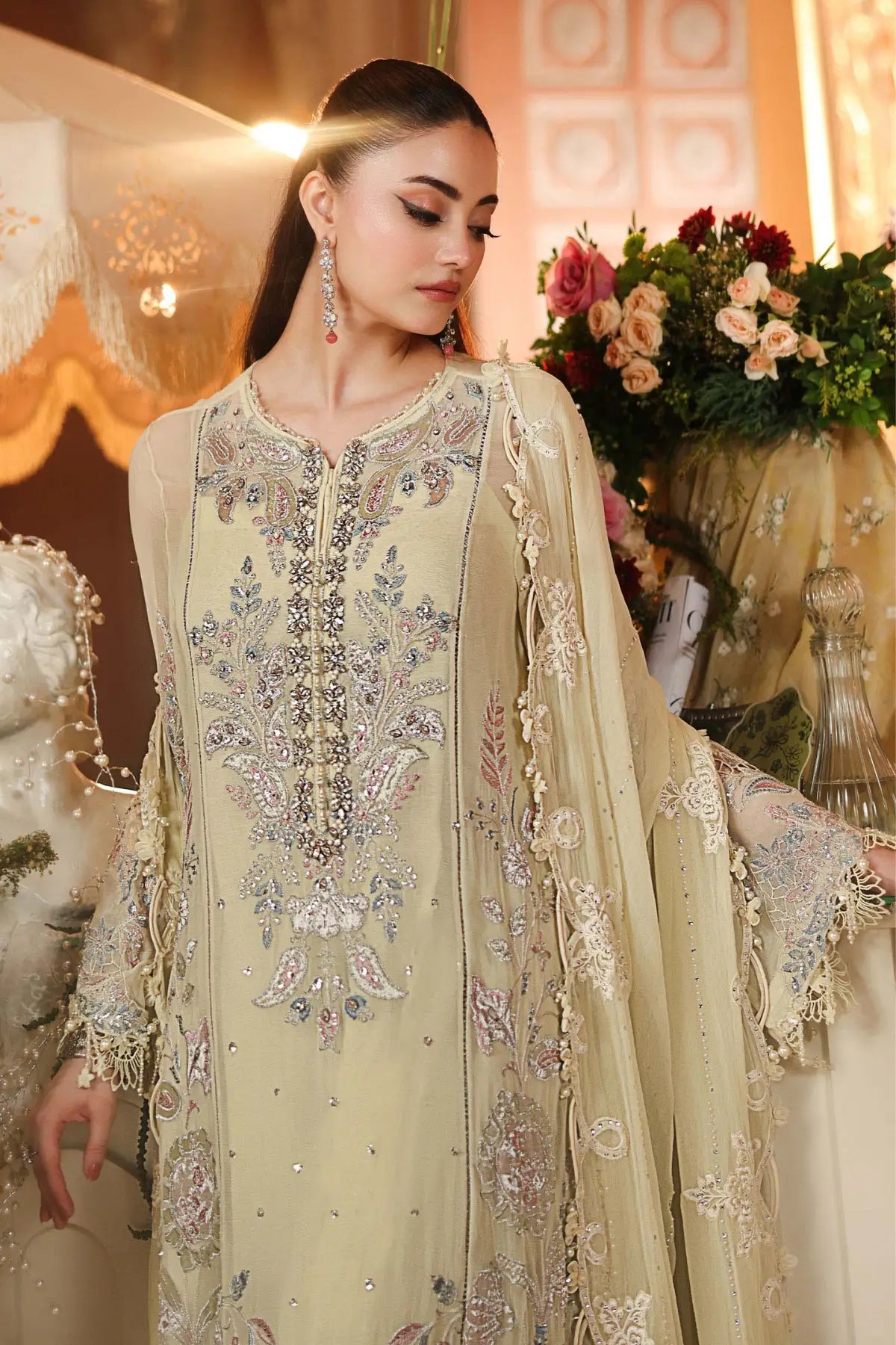 MPC-26-208 Maria B Chiffon Collection 2026 lime yellow embroidered chiffon stitched 3PC suit with tissue appliqué, raw silk trouser and chiffon dupatta