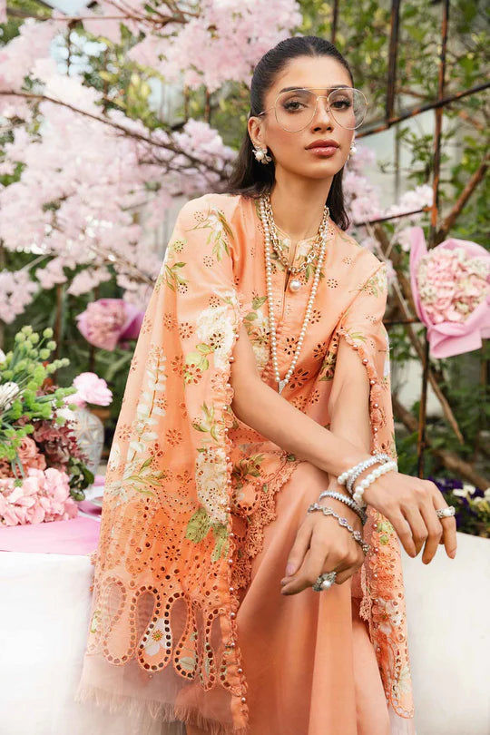 MPT-2602-A- Peach Embroidered Lawn Suit By Maria.B