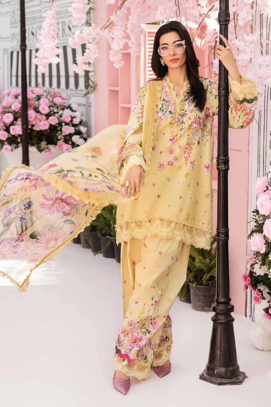 MPT-2603-A- Soft Yellow Embroidered Lawn Suit By Maria.B