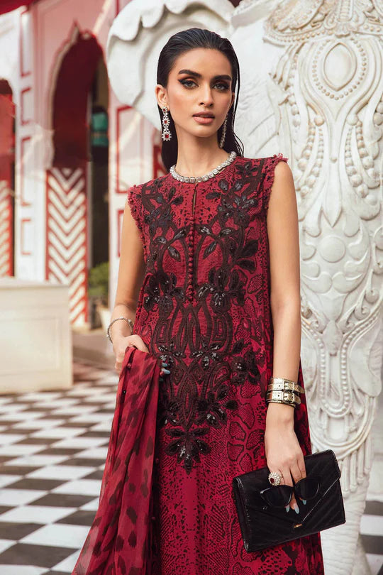 MPT-2702-A – Maria B M.Prints Red & Black Stitched Linen Suit with chiffon dupatta – shop at Pakistanimoda