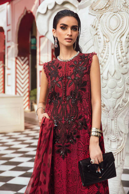 MPT-2702-A – Maria B M.Prints Red & Black Stitched Linen Suit with chiffon dupatta – shop at Pakistanimoda