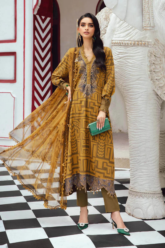 MPT-2703-A – Maria B M.Prints Mustard Cambric 3pc Stitched Dress with embroidery – Pakistanimoda