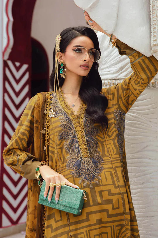 MPT-2703-A – Maria B M.Prints Mustard Cambric 3pc Stitched Dress with embroidery – Pakistanimoda