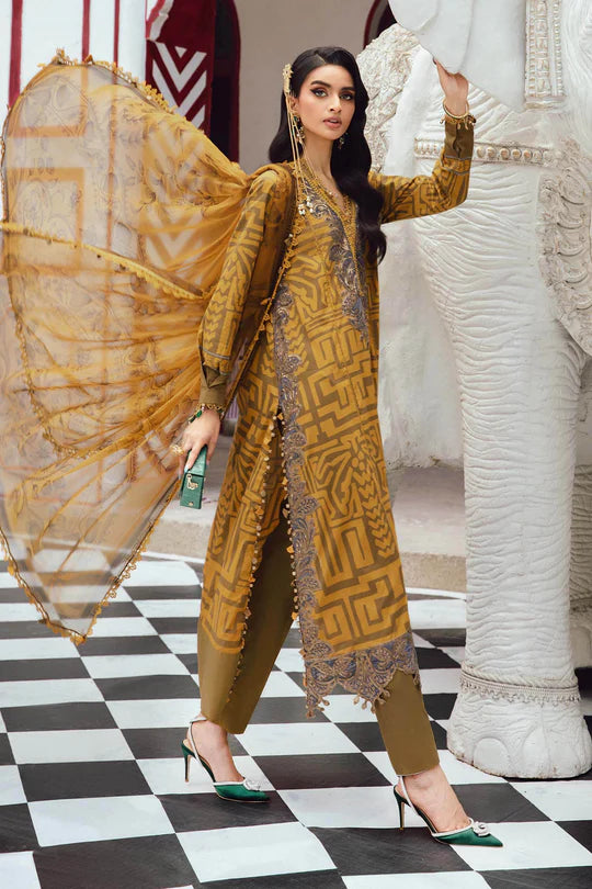 MPT-2703-A – Maria B M.Prints Mustard Cambric 3pc Stitched Dress with embroidery – Pakistanimoda