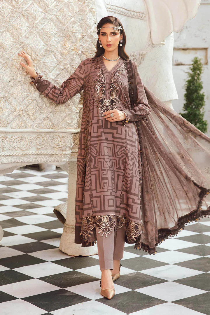 MPT-2703-B – Maria B M.Prints Lilac Stitched Cambric Suit with velvet patch & dupatta – Pakistani designer wear Pakistanimoda