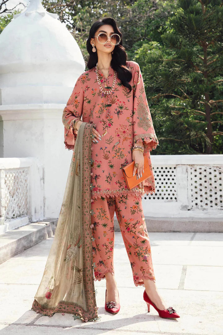 MPT-2707-A – Maria B M.Prints Peach Linen Stitched Suit with chiffon dupatta – shop online Pakistanimoda